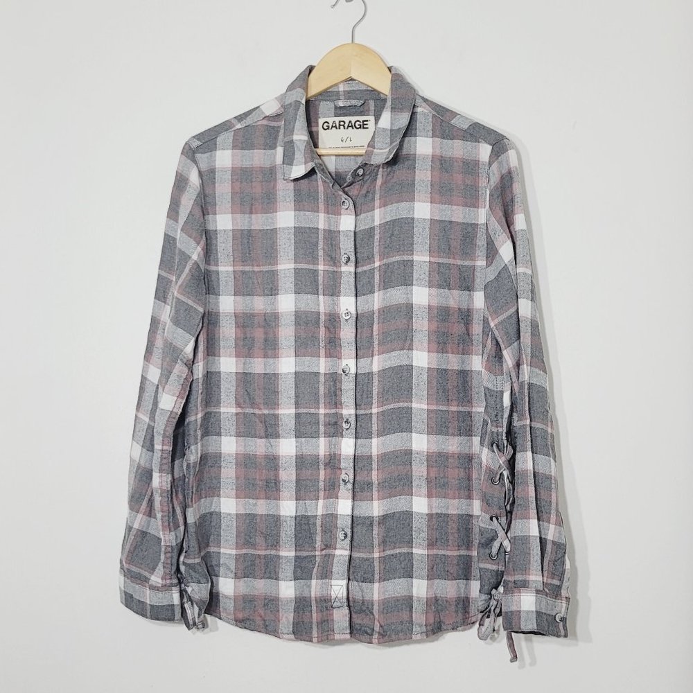 ❤️Garage Plaid Long Sleeve Button Front Collared Lace Up Side Shirt Gray White